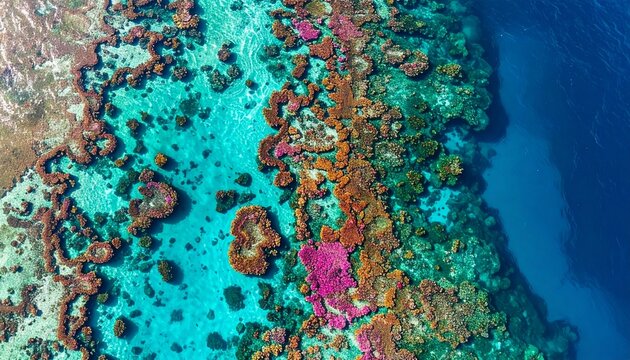 Aerial view of vibrant coral reef patterns in clear tropical ocean waters