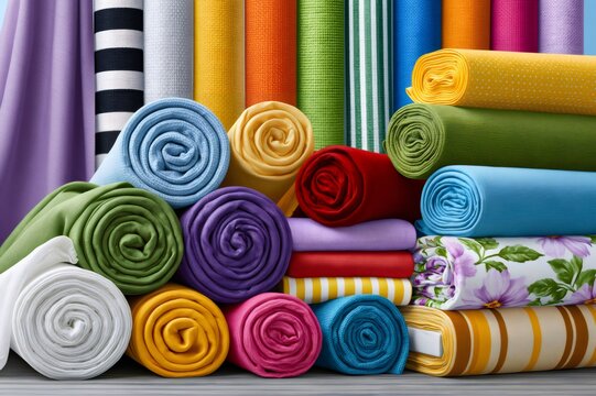 Colorful fabric rolls and textiles showing variety of materials