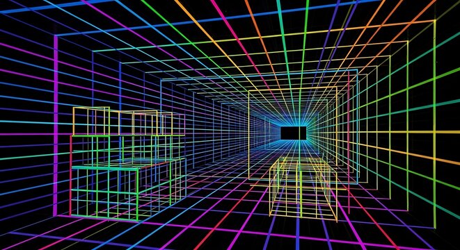 Abstract rainbow grid digital perspective tunnel room.