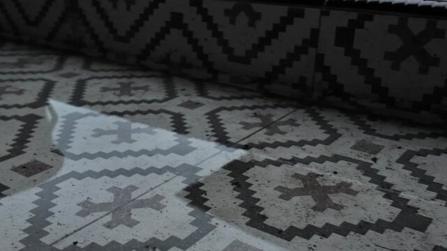 Close-up of water pooling in a corner of a building with patterned tiles, highlighting a clogged drain system or pipe leakage problem.