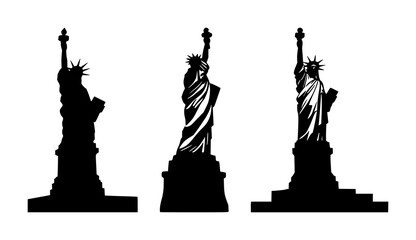 Statue of Liberty icon set with sleek solid black silhouette against white background featuring landmark, national monument, iconography with American heritage and freedom © MDMIZANUR