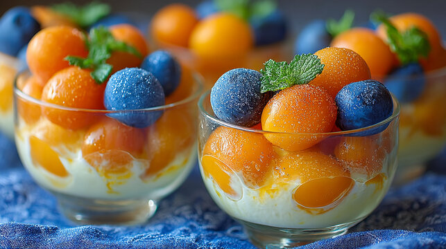 Refreshing fruit dessert with melon balls and blueberries topped with sugar in glass bowls