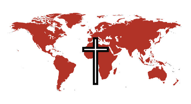 Christian cross symbol on red world map background