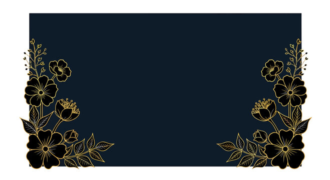 Gold floral line art frame on dark navy background