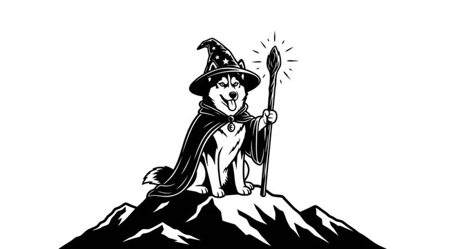 Magical Husky Wizard Sitting on Mountain with Glowing Staff
