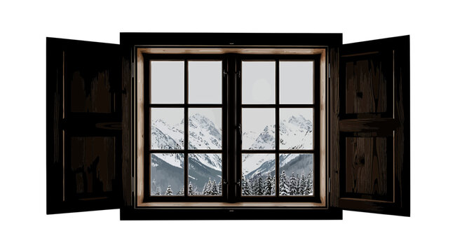 Snowy mountain peak view through open wooden window shutters