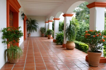 Naklejka premium Hacienda colonial style porch with potted plants