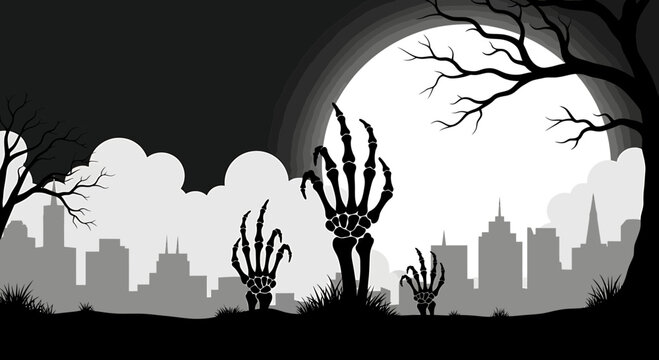 Skeleton Hands Rising from the Earth in Front of a City Skyline