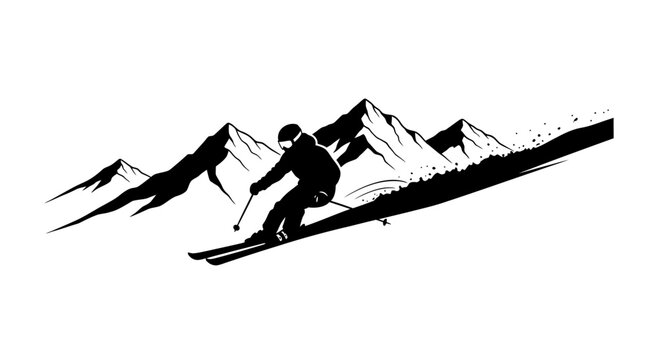 Skier descending snowy mountain slope with sharp peaks silhouette