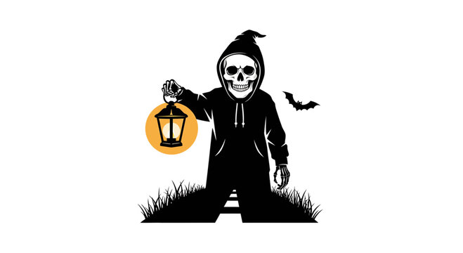 Spooky skeleton in hoodie holding glowing lantern outdoors at night