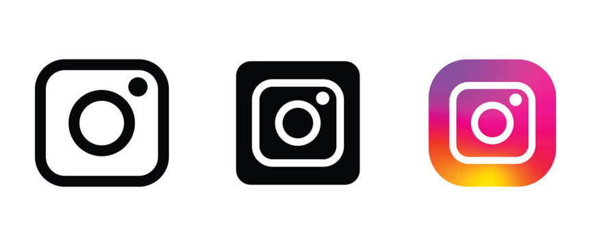 Instagram logo vector set. Social media app icons in full color gradient, black solid, and outline styles.