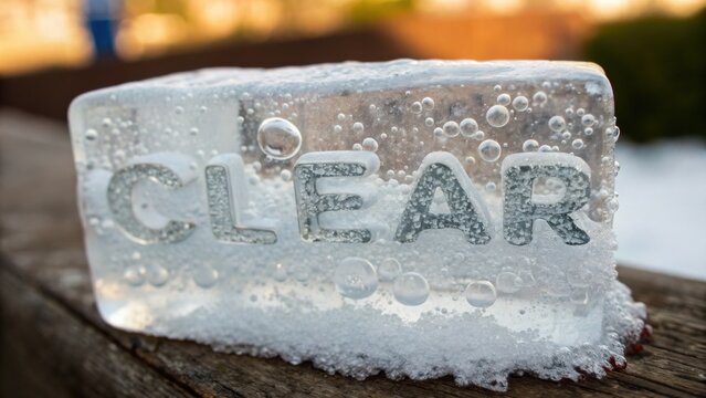 Transparent ice block with bubbles and the word clear etched on the surface resting on a wooden surface in a garden setting during daylight