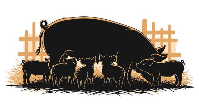 Mother pig and piglets in a rural farmyard silhouette