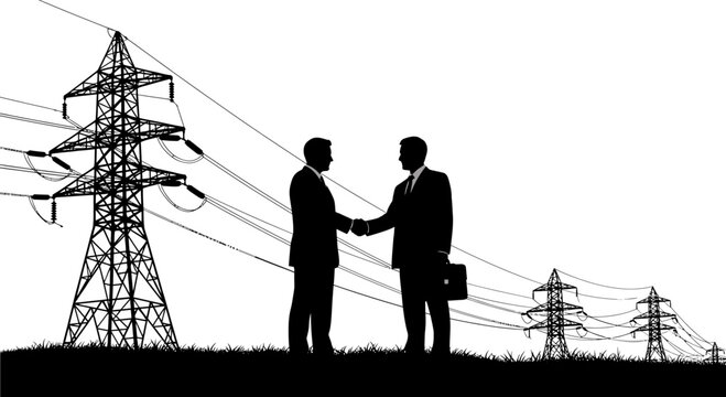 Silhouette of business partners shaking hands near power lines