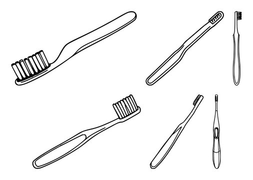 Toothbrush set with detailed black line art on plain white background featuring manual, oral hygiene, dental tools with black and white and illustration