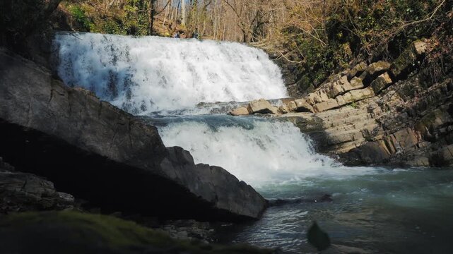 Slow Motion: Cascading Forest Waterfall with Slider Motion in Sochi