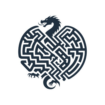 Mythical dragon silhouette with integrated circular maze design