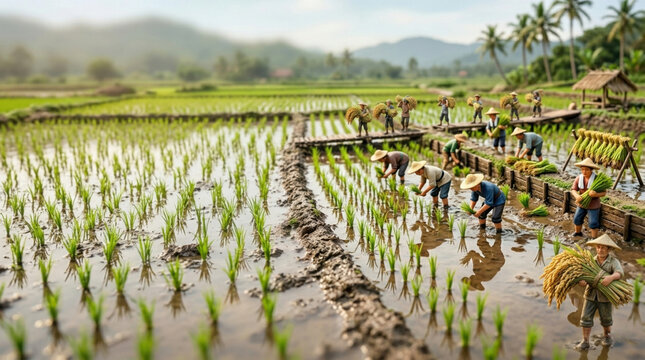 Farmers harvest rice in a green field by water, created AI