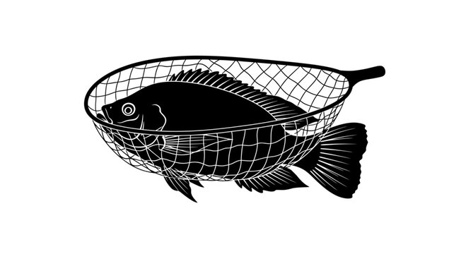 Fish caught in a fishing landing net silhouette icon