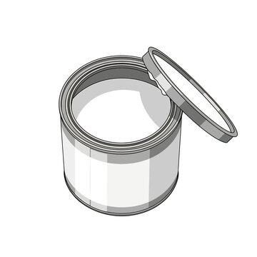 Open metal paint can with white liquid and lid leaning on side