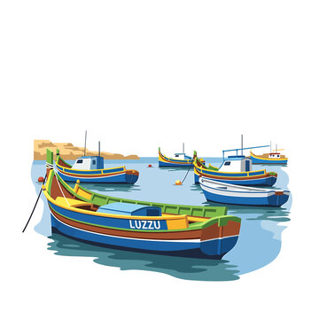 Traditional Maltese Luzzu fishing boats in a Mediterranean harbour