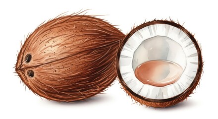 Fototapeta premium Hand-painted watercolor illustration of a whole brown coconut and another split open into two halves, isolated on a clean white background, snack, wash, whole