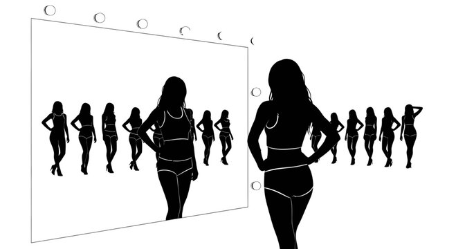 Woman looking at self reflection in mirror with silhouette lineup