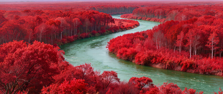 Extreme Wide shot , amazing of red forest landscape with long river green color of water in the middle of forest , all trees and plants is red color.