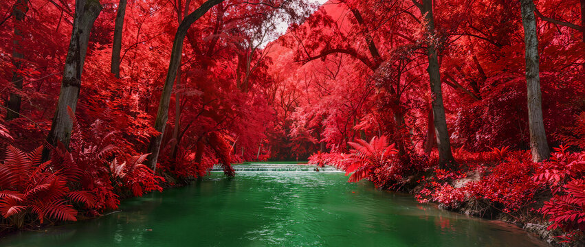 Red forest landscape , all trees and plants is red color with green river clear water in the  center of forest.