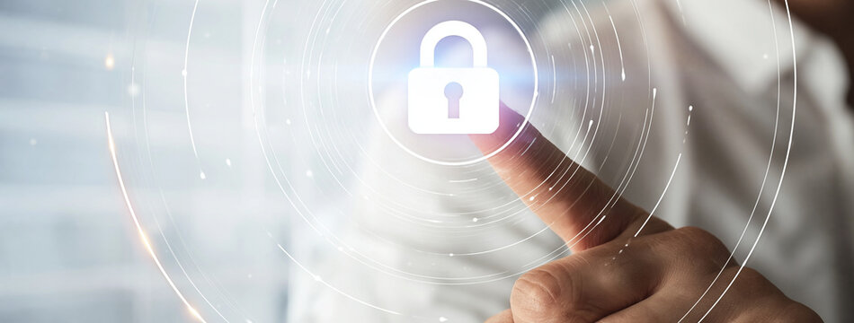 A human finger touches a glowing digital padlock icon representing cyber security and data protection in a modern network environment.