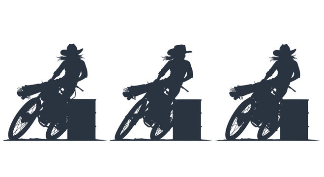 Cowgirl on motorcycle performing barrel racing maneuver silhouette