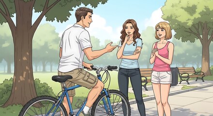 Obraz premium Man on Bicycle Talking to Two Women in Park