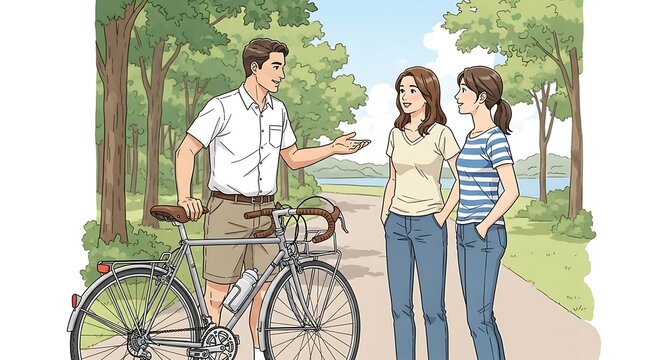 Man Talking to Two Women with Bicycle on Park Path