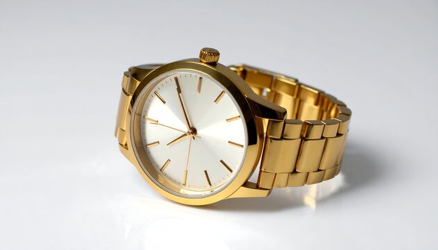 A gold watch with a white face on a plain surface