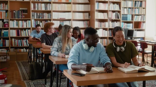 Diverse university students studying and working on homework together in college library. Collaborative learning and academic teamwork concept.