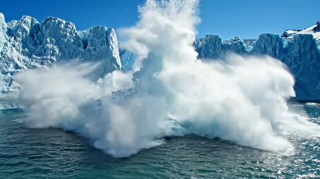 Massive glacier calving as huge ice block crashes into ocean water creating a giant splash in the Arctic wilderness.