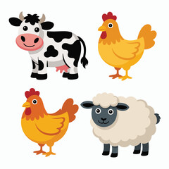 Fototapeta premium Cartoon farm animals set with cow, two chickens, and sheep