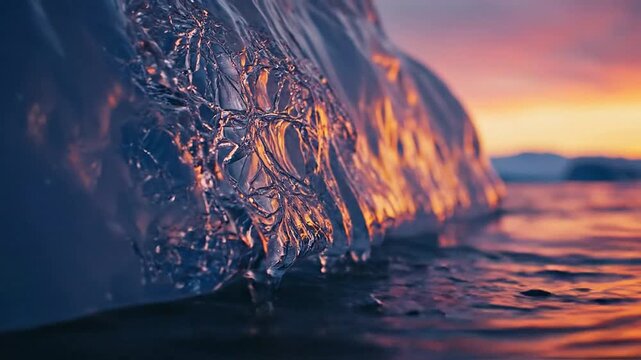 Close up of melting ice block with water droplets during golden sunset at sea