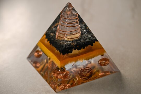 Handmade Unique Large Orgonite Pyramid with Copper Coil and Black Crystals, Powerful Energy Generator, Spiritual Healing Decor, Esoteric Resin Art Close Up