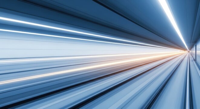 Blurred motion of a train traveling through a brightly lit modern underground tunnel