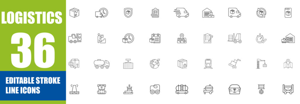 Logistics icon set. Editable line icons. Vector illustration.