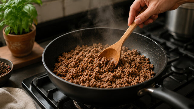 Spaghetti cooking steps include browning ground beef in pan before eating, creating delicious base for classic Italian pasta meal at home with fresh ingredients