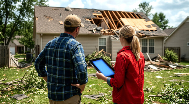 Insurance assessor and contractor examining stormdamaged house with tablet for repair evaluation and claim processing