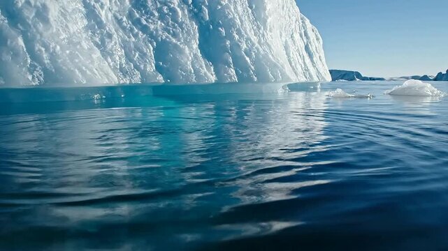Water ripples on the blue ocean surface with a massive iceberg wall in the Arctic background.