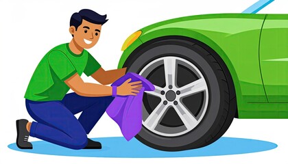Obraz premium Person cleaning car tire with purple cloth