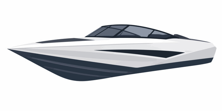 A sleek white speedboat with dark blue accents is sailing across a serene lake on a sunny day.