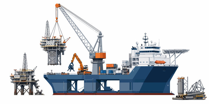 Large vessel with crane operates near offshore oil rigs and tugboat at sea