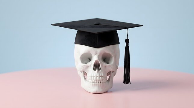 Human skull wearing a black graduation cap on a pink surface high quality professional detailed modern elegant