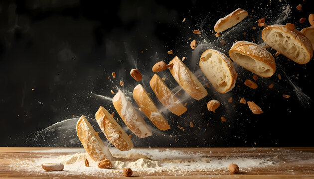 Sliced baguette pieces flying through air with flour