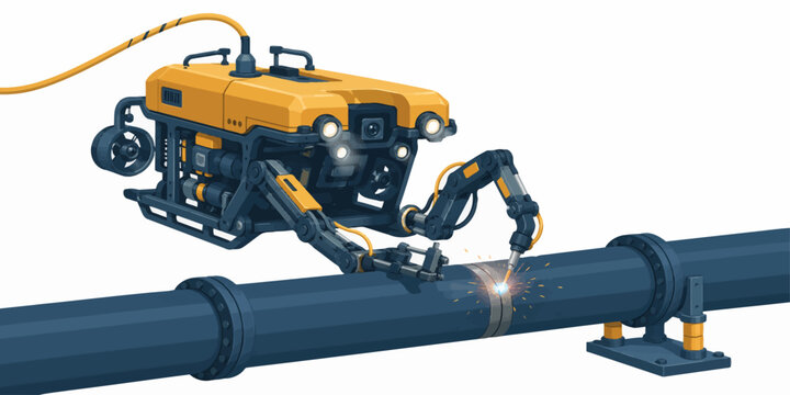 A robotic machine welds a large industrial pipeline on a metal stand outdoors with a yellow cord.